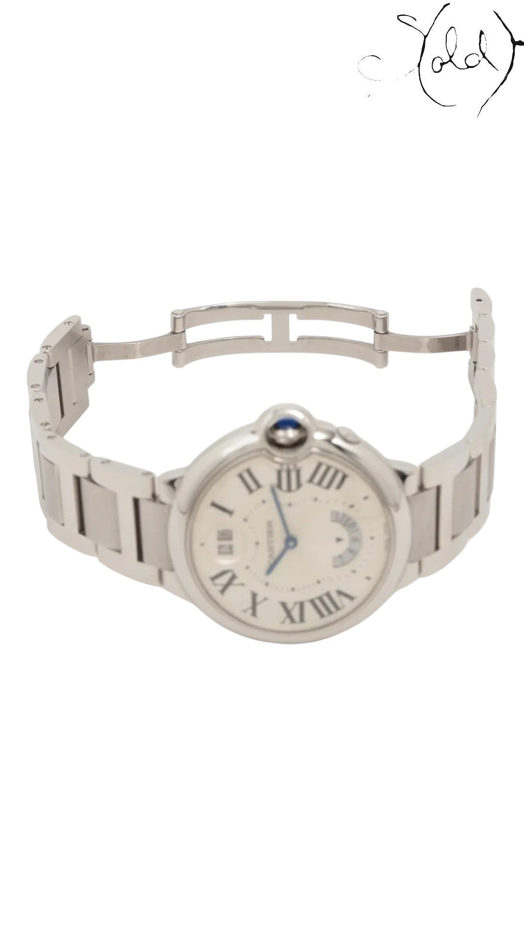 Sold Attire Cartier Ballon Bleu W6920011 stainless steel watch with silver Roman numeral dial, blue hands, Big Date, and GMT.