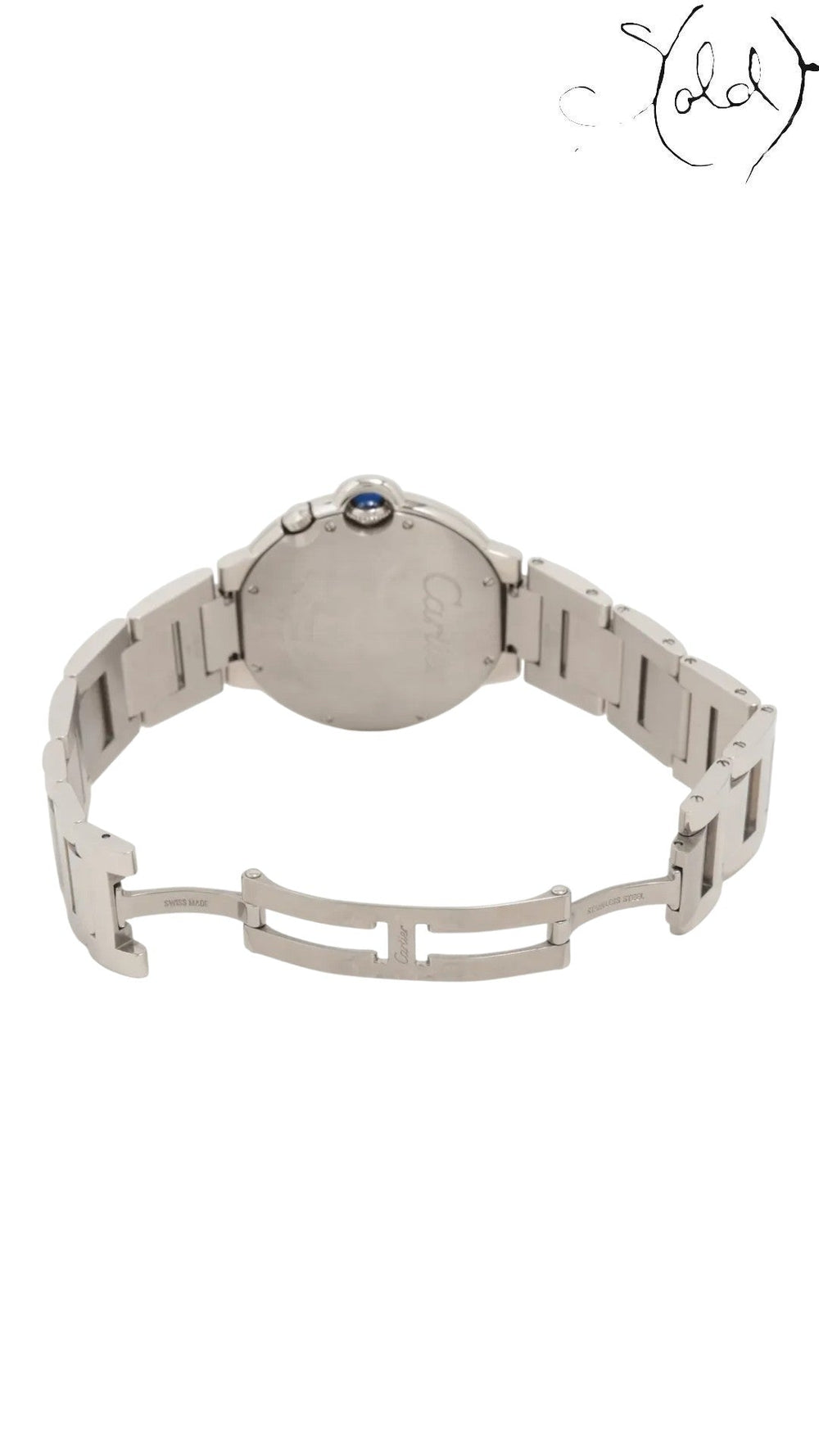 Sold Attire Cartier Ballon Bleu W6920011 stainless steel watch with blue cabochon crown and GMT function.