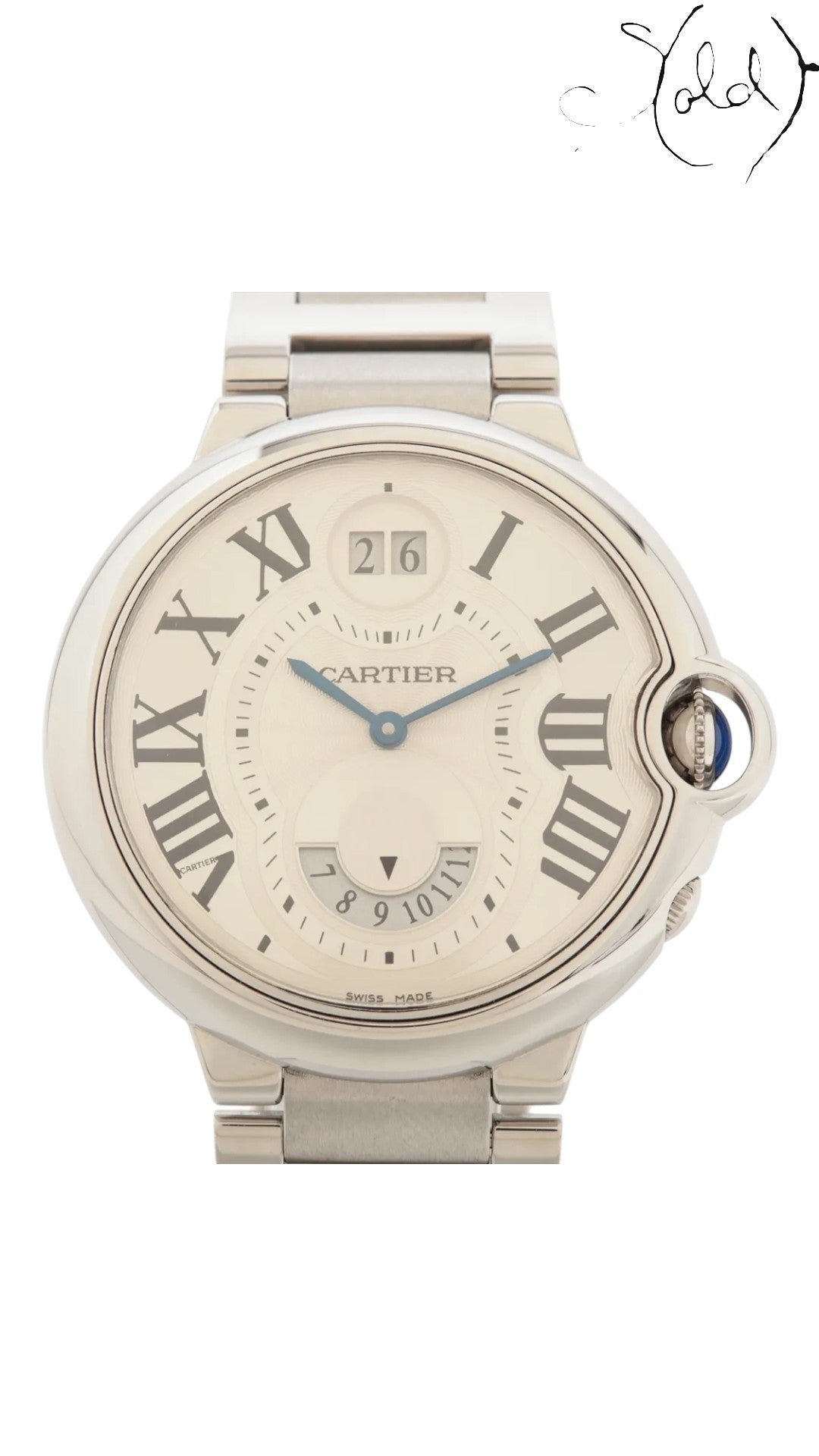 Sold Attire Cartier Ballon Bleu W6920011 stainless steel watch with silver dial, Roman numerals, blue hands, Big Date, and GMT.