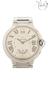 Sold Attire Cartier Ballon Bleu W6920011 stainless steel watch with silver dial, Roman numerals, blue hands, Big Date, and GMT.