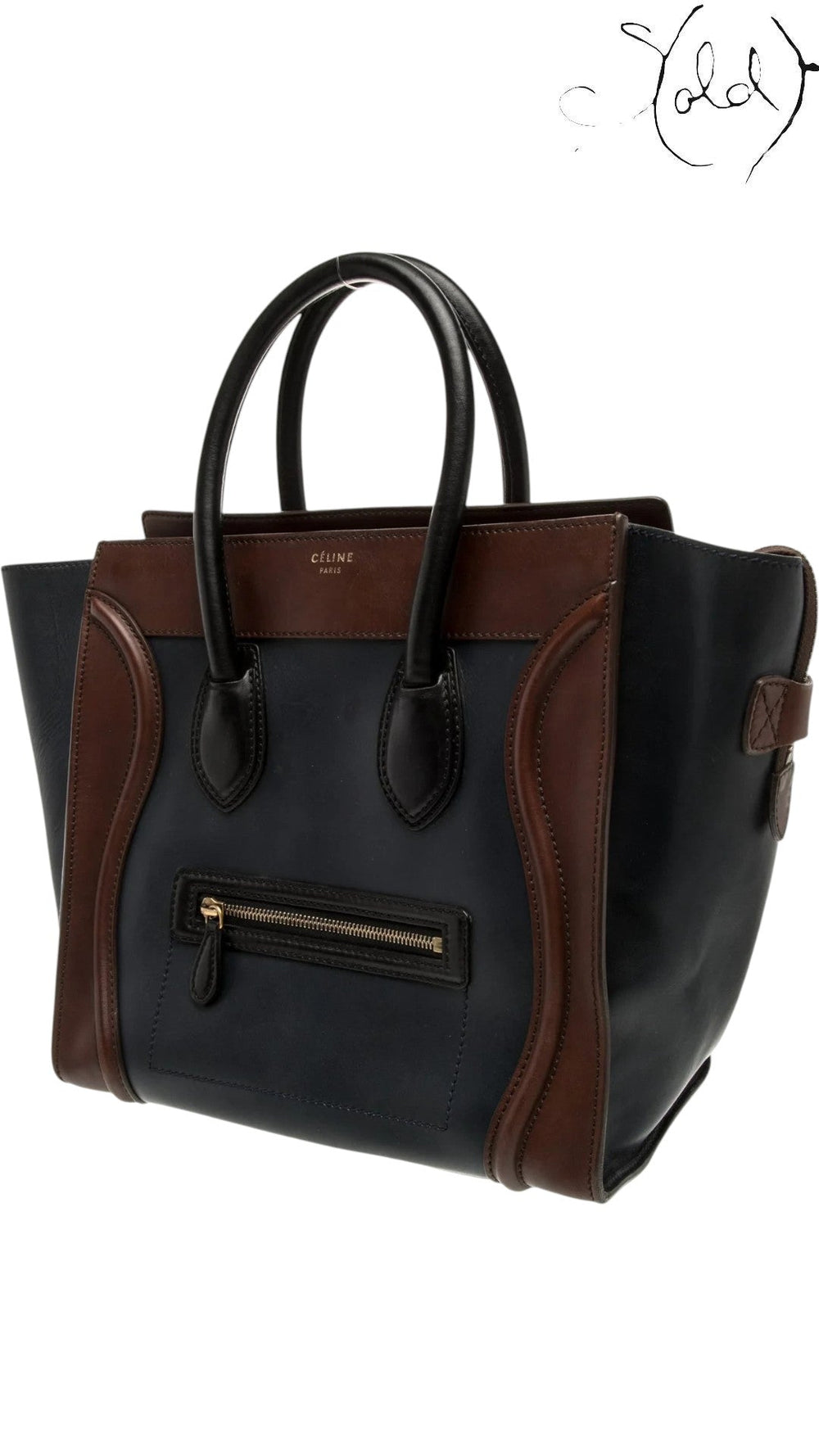 Sold Attire pre-owned Celine Luggage Mini Shopper in navy and brown leather with signature winged side panels.