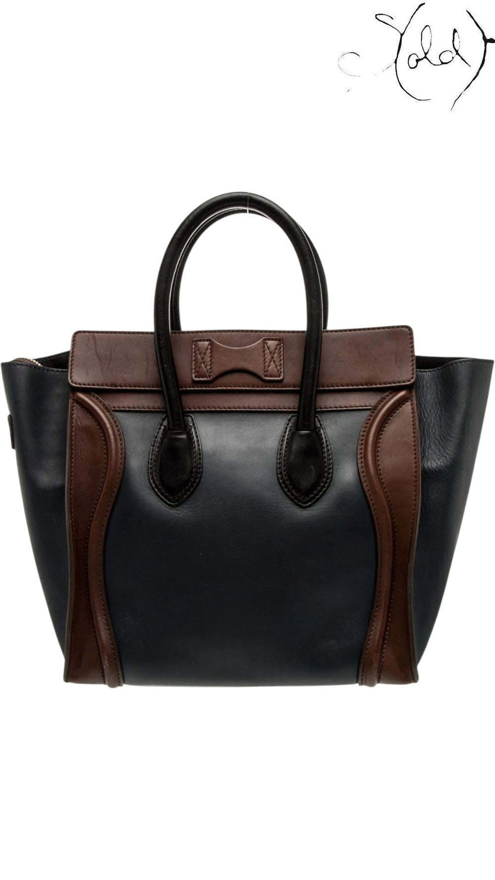 Sold Attire pre-owned Celine Luggage Mini Shopper in navy and brown leather with signature winged panels and rolled handles.