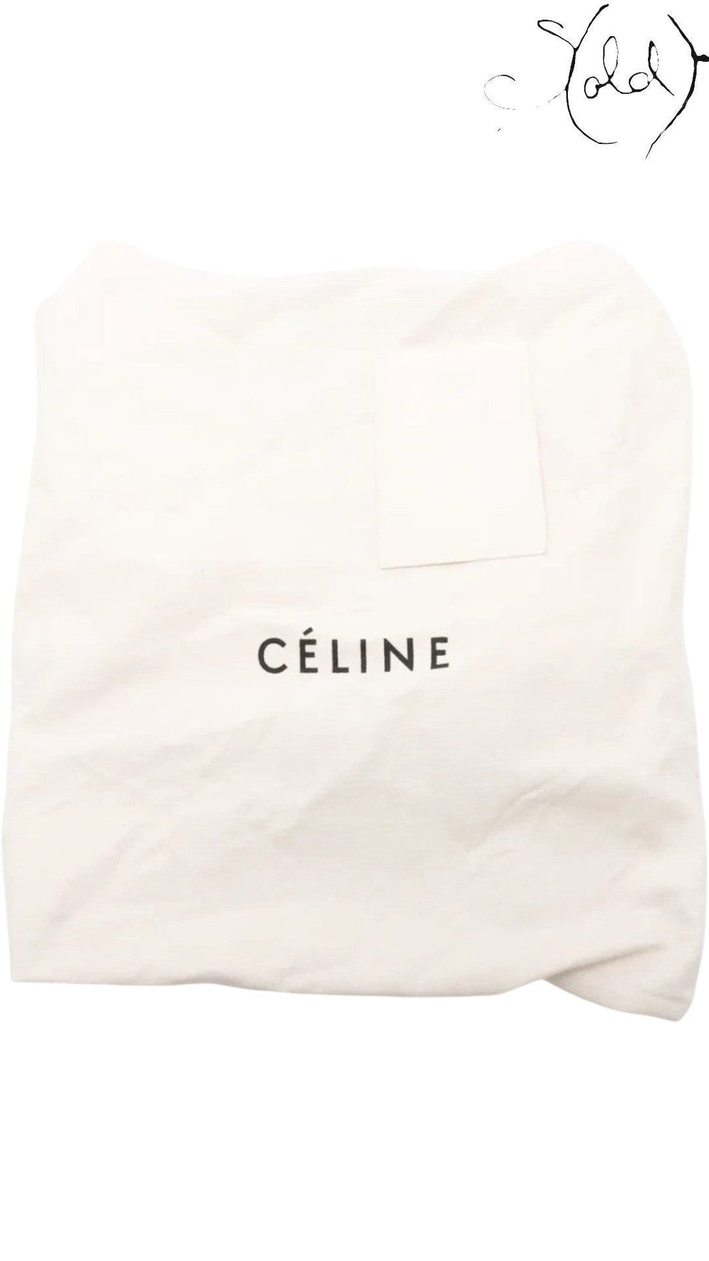 Sold Attire branded white cotton dust bag with black Celine logo for a luxury handbag storage