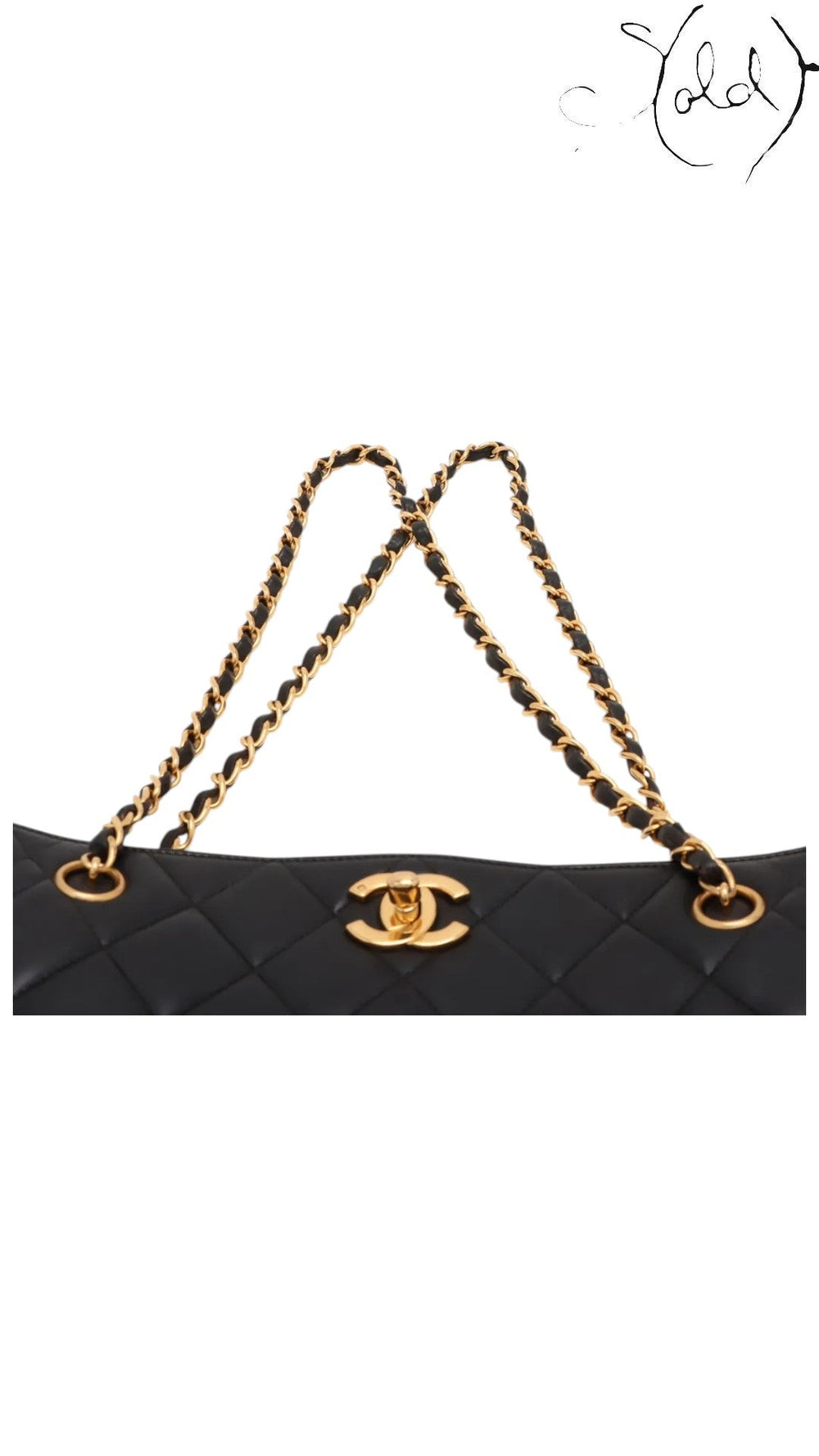 Sold Attire black quilted lambskin Chanel CC Turn-Lock chain tote with gold hardware and chain straps.