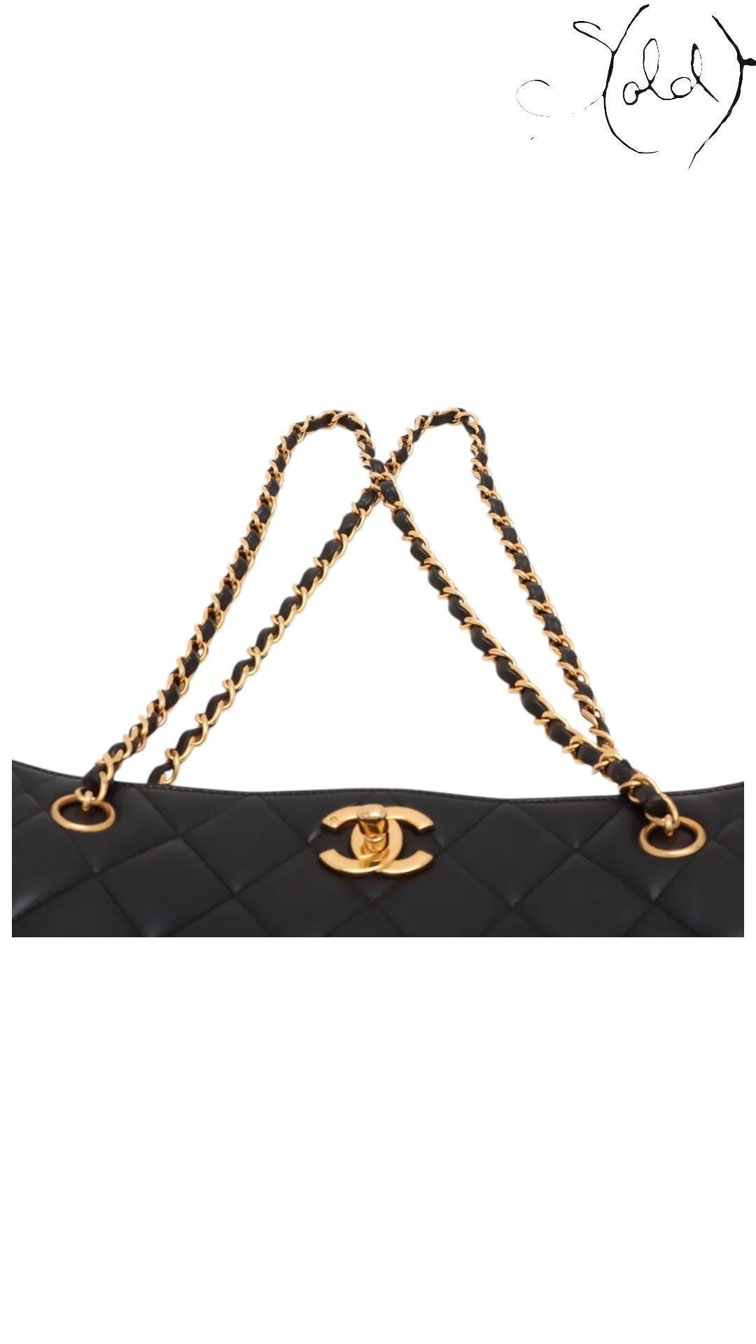 Sold Attire black quilted lambskin Chanel CC Turn-Lock chain tote with gold hardware and chain straps.