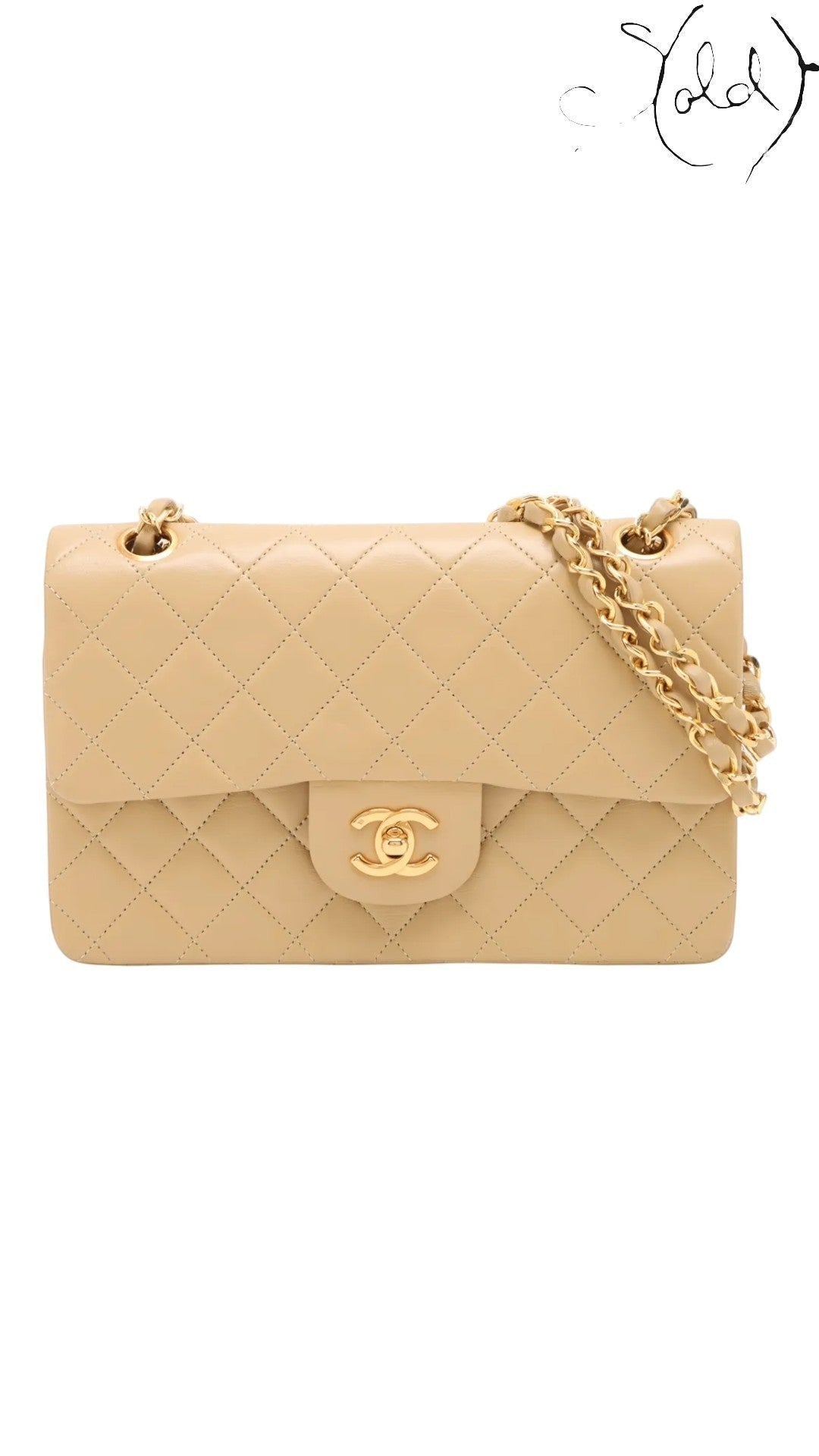 Sold Attire beige lambskin Chanel Matelasse 23 double flap bag with gold hardware and CC turn-lock closure.