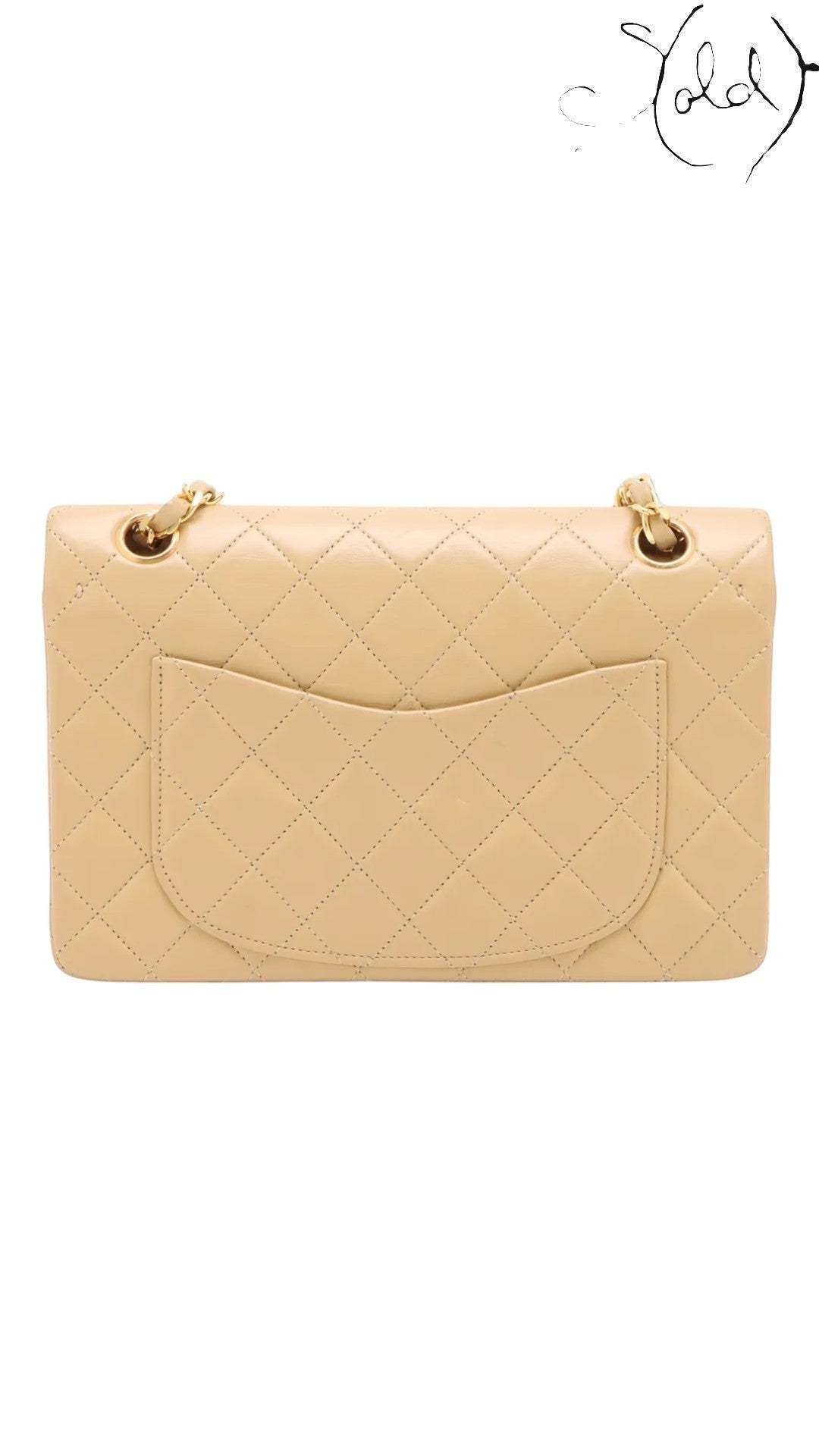 Sold Attire beige lambskin Chanel Matelasse 23 Double Flap bag with gold hardware and diamond quilting. Features a back slip pocket and chain strap.