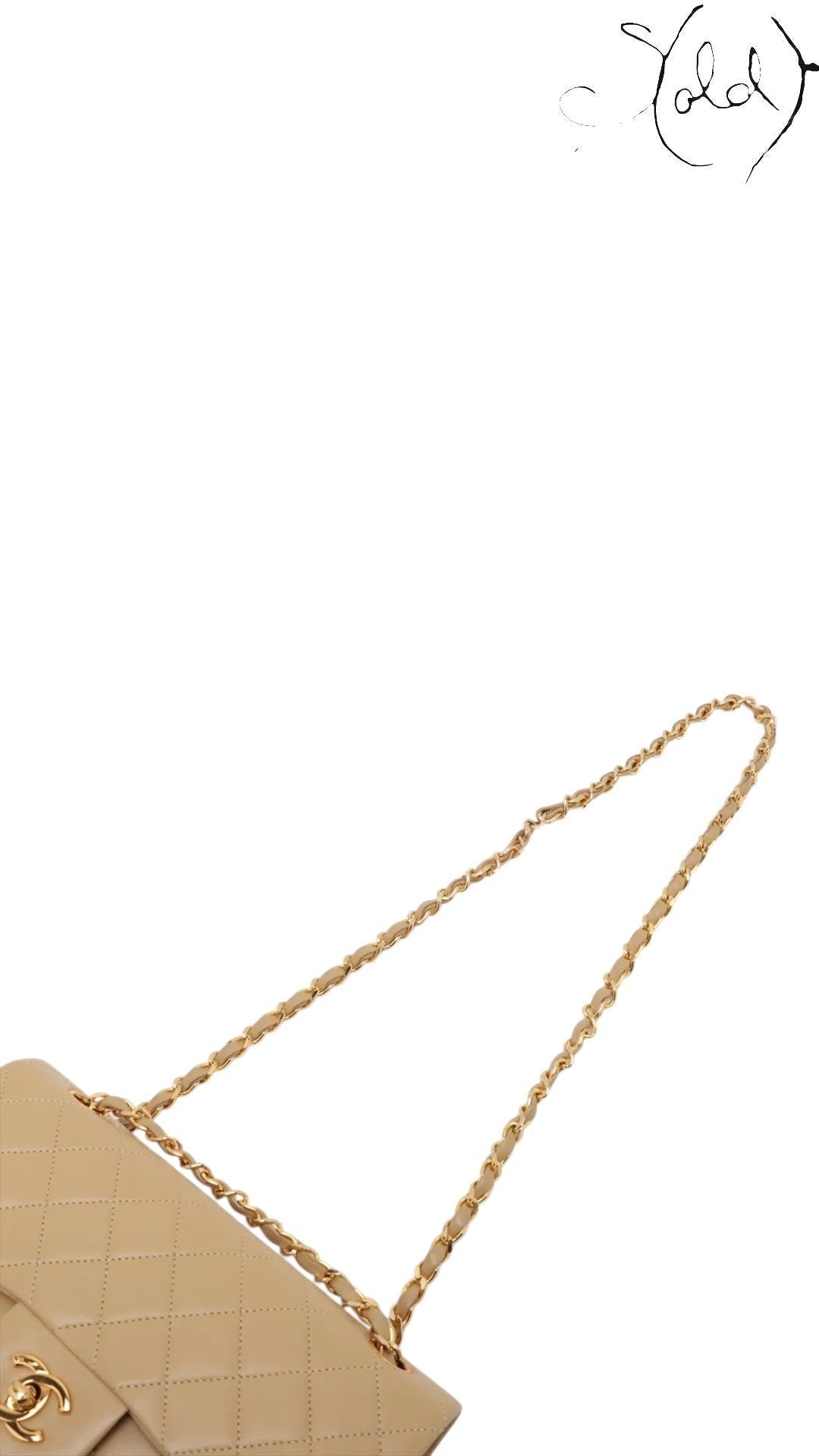 Sold Attire beige lambskin Chanel Matelasse 23 double flap bag with gold chain strap and CC turn-lock closure.