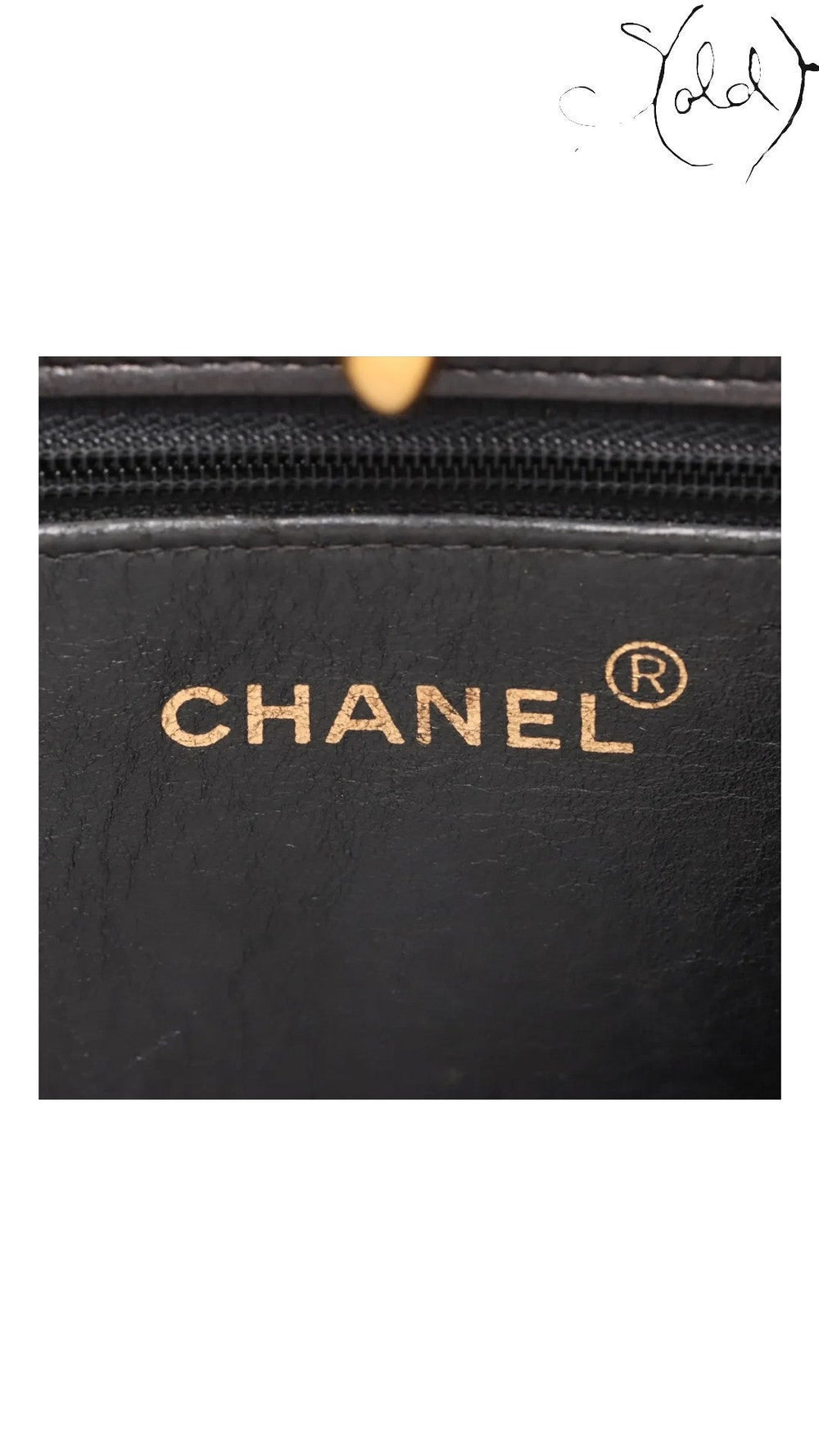 Sold Attire black lambskin Matelasse chain tote interior with gold Chanel logo and registered trademark symbol.