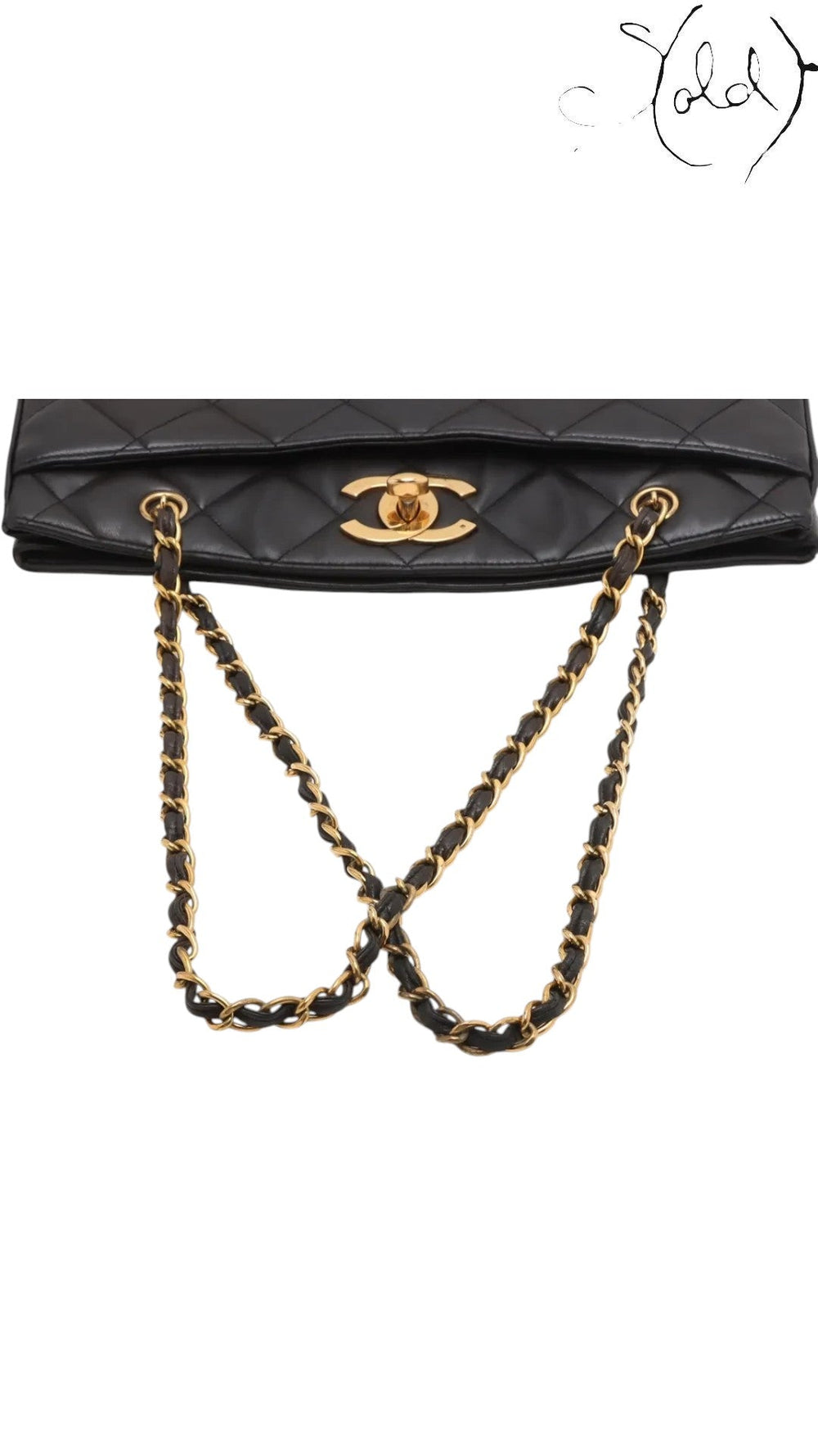 Sold Attire black quilted lambskin matelasse chain tote with gold-tone hardware and leather-woven chain straps.