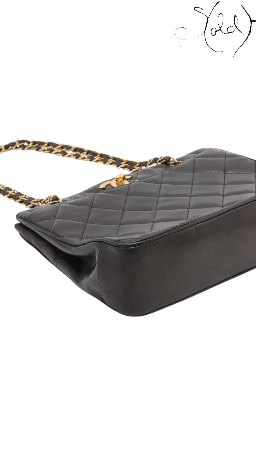 Sold Attire black quilted lambskin matelasse chain tote with gold-tone hardware and chain strap.