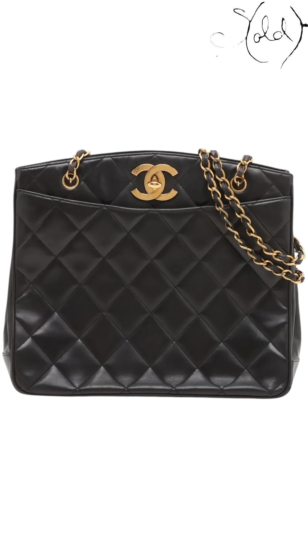 Sold Attire black quilted lambskin matelasse chain tote with gold hardware and CC logo.