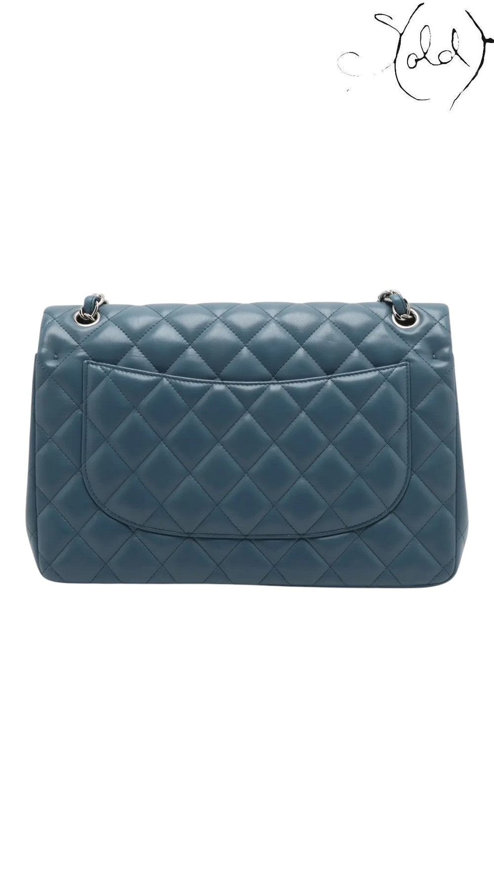 Sold Attire blue lambskin Chanel Deca Matelasse 30 Large Double Flap bag with silver hardware and quilted diamond pattern.