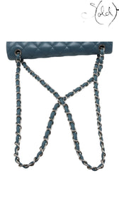 Sold Attire blue lambskin Chanel Deca Matelasse 30 double flap bag with silver chain strap and diamond quilting.