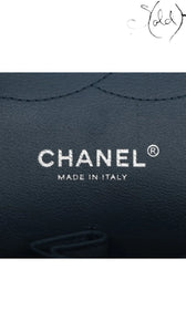 Sold Attire blue lambskin Chanel Deca Matelasse 30 Large Double Flap bag interior detail showing logo.