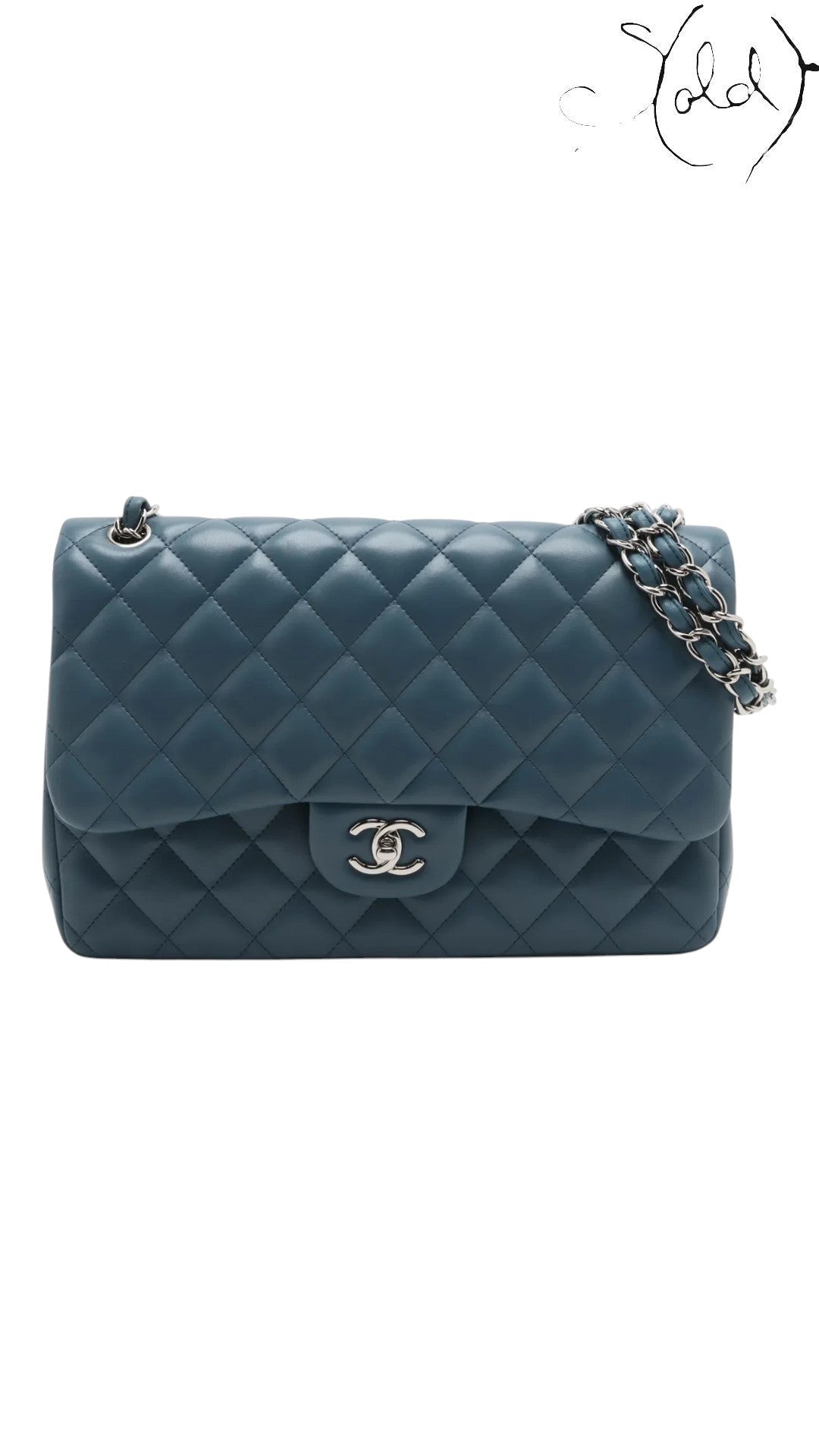 Sold Attire blue lambskin Chanel Deca Matelasse 30 double flap bag with silver CC turnlock and chain strap.