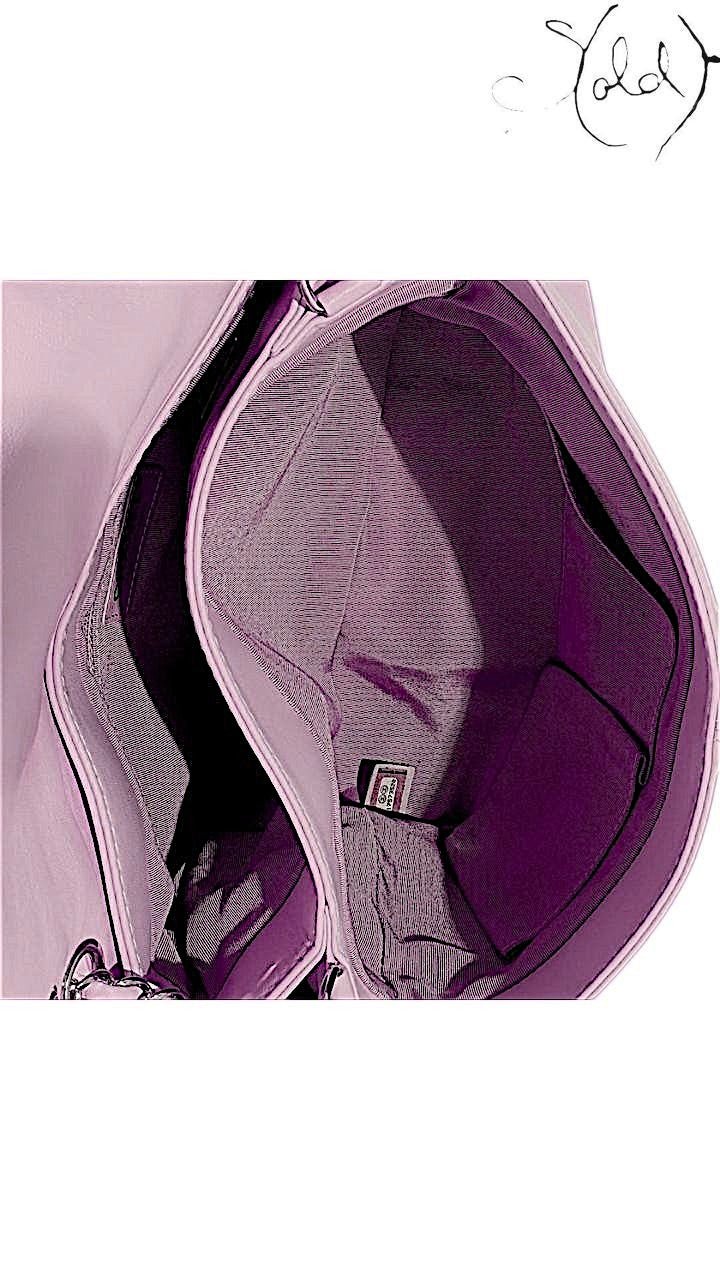 Sold Attire pastel purple lambskin Chanel Trianon Messenger bag interior with multiple compartments and pockets.