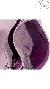 Sold Attire pastel purple lambskin Chanel Trianon Messenger bag interior with multiple compartments and pockets.