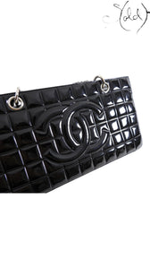 Chanel Choco Bar black patent tote, side angle