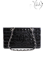 Chanel Choco Bar chain tote in black patent leather, front view