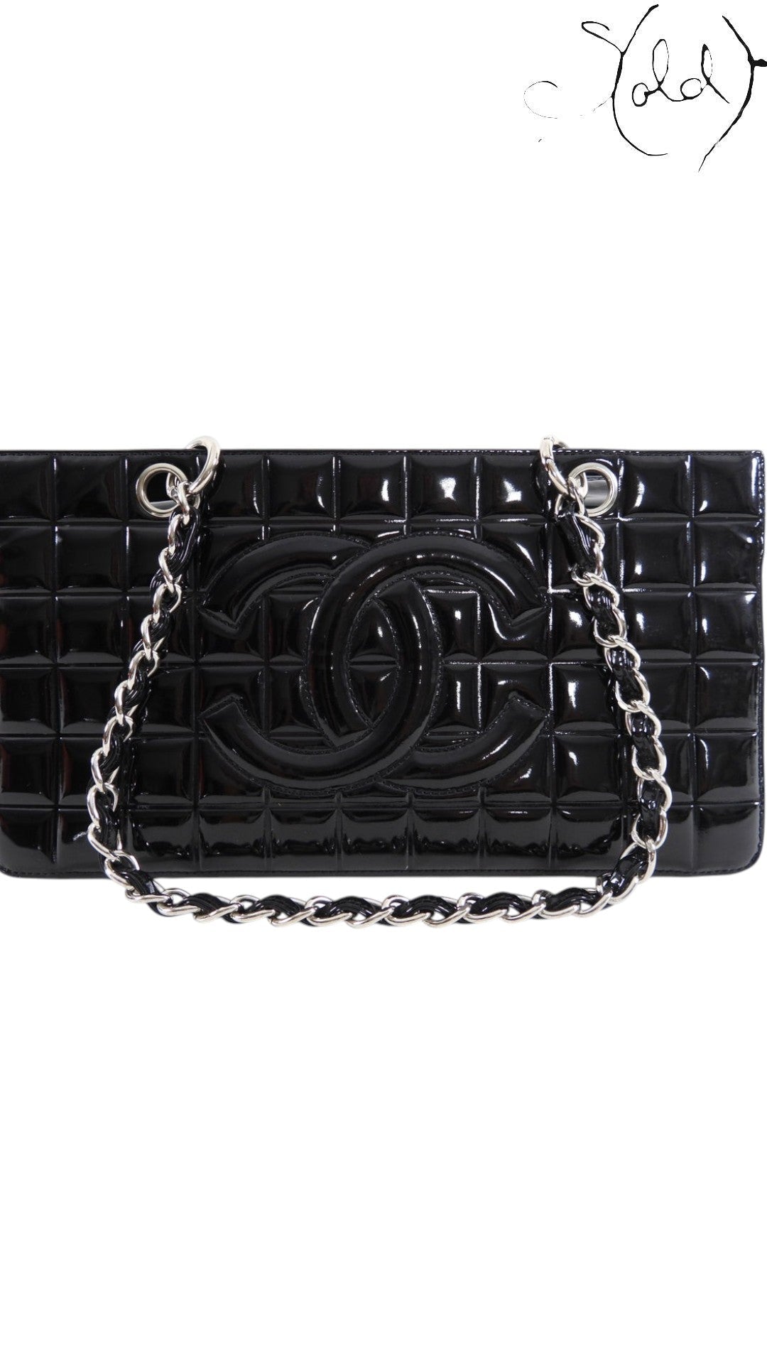 Chanel black patent leather Choco Bar tote detail