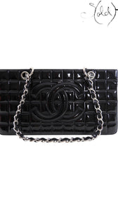 Chanel black patent leather Choco Bar tote detail
