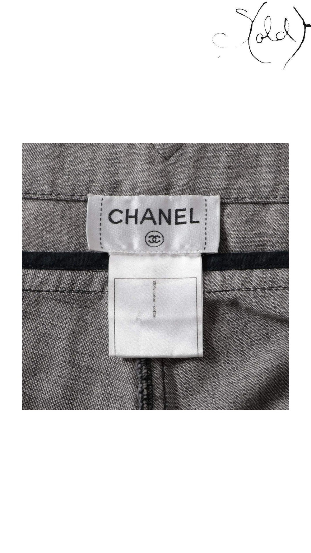 Chanel Coco Button Grey Cotton Denim Pants Size 40-42 Signature CC Hardware, Interior view | Sold Attire