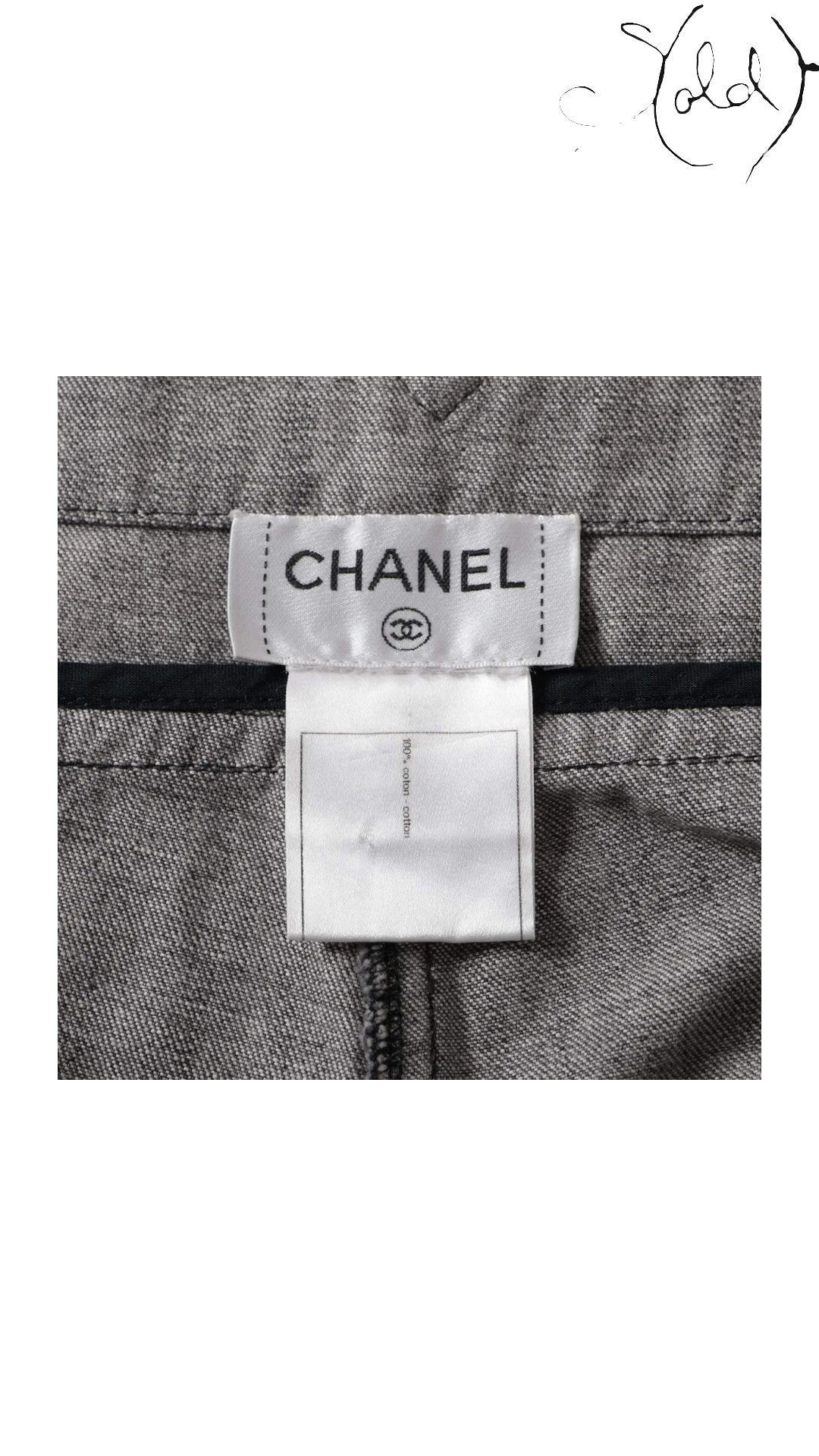 Chanel Coco Button Grey Cotton Denim Pants Size 40-42 Signature CC Hardware, Interior view | Sold Attire