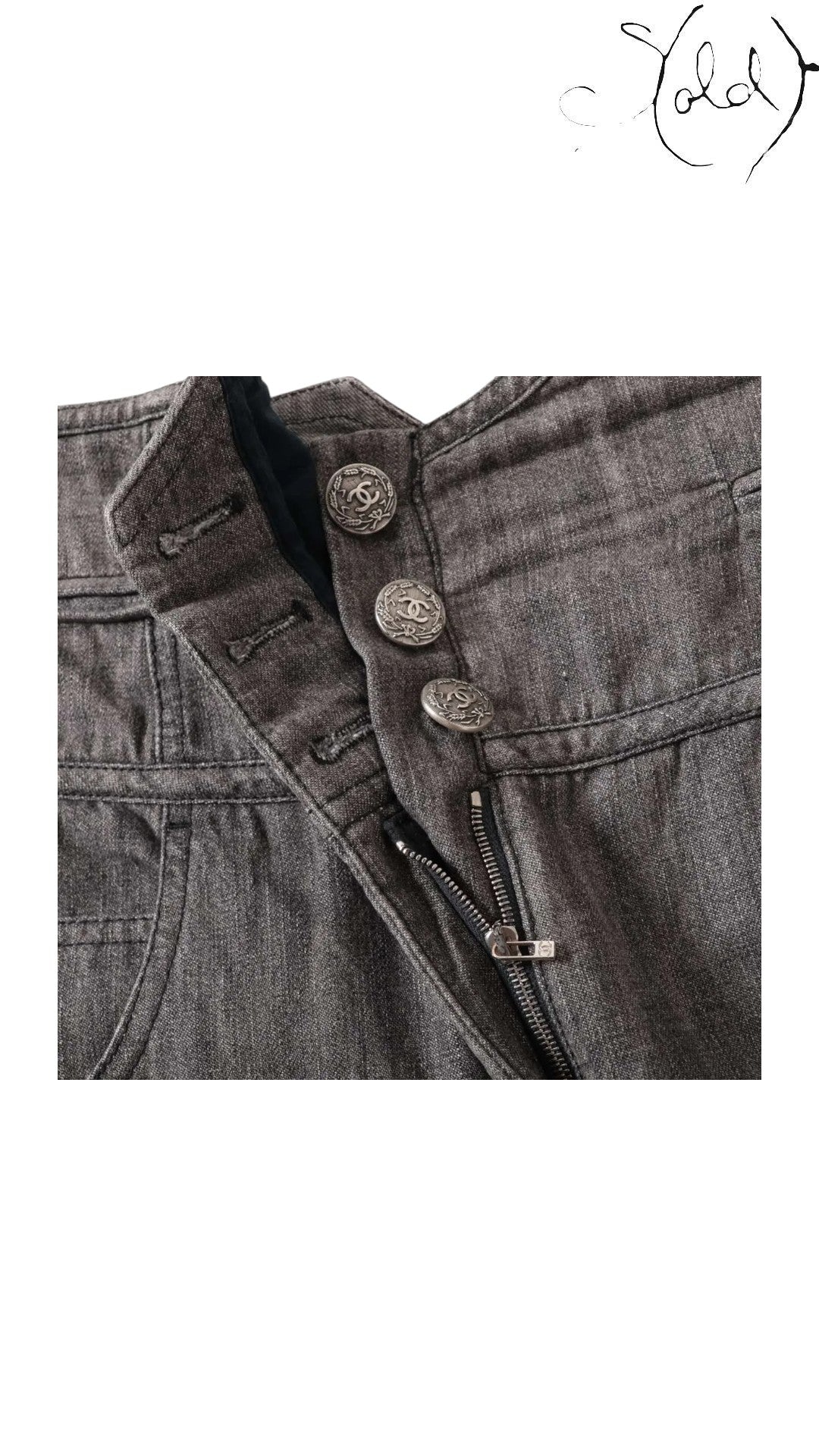 Chanel Coco Button Grey Cotton Denim Pants Size 40-42 Signature CC Hardware, Detail view | Sold Attire