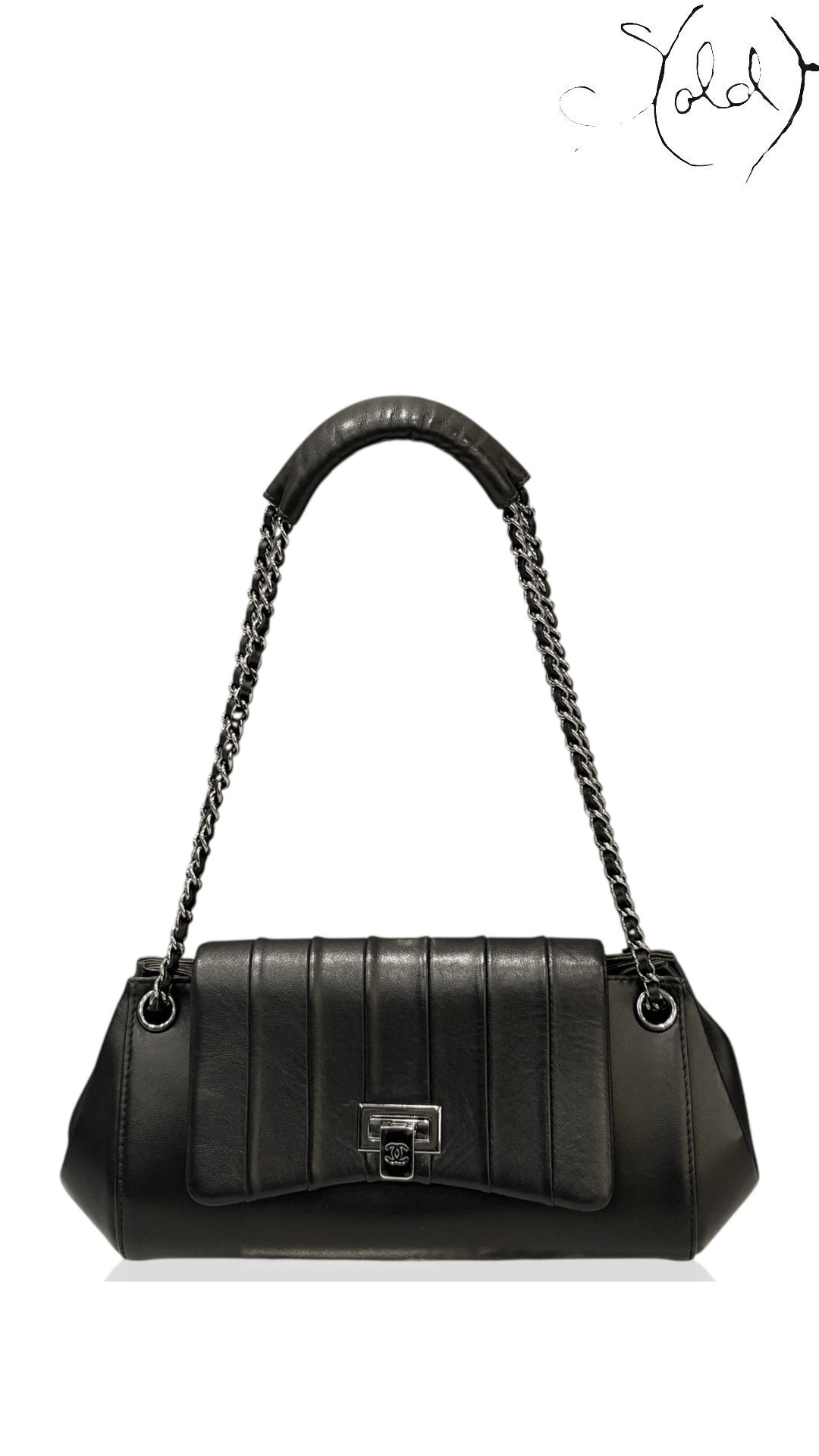 Chanel Accordion Flap Black Lambskin Shoulder Bag, front whole bag
