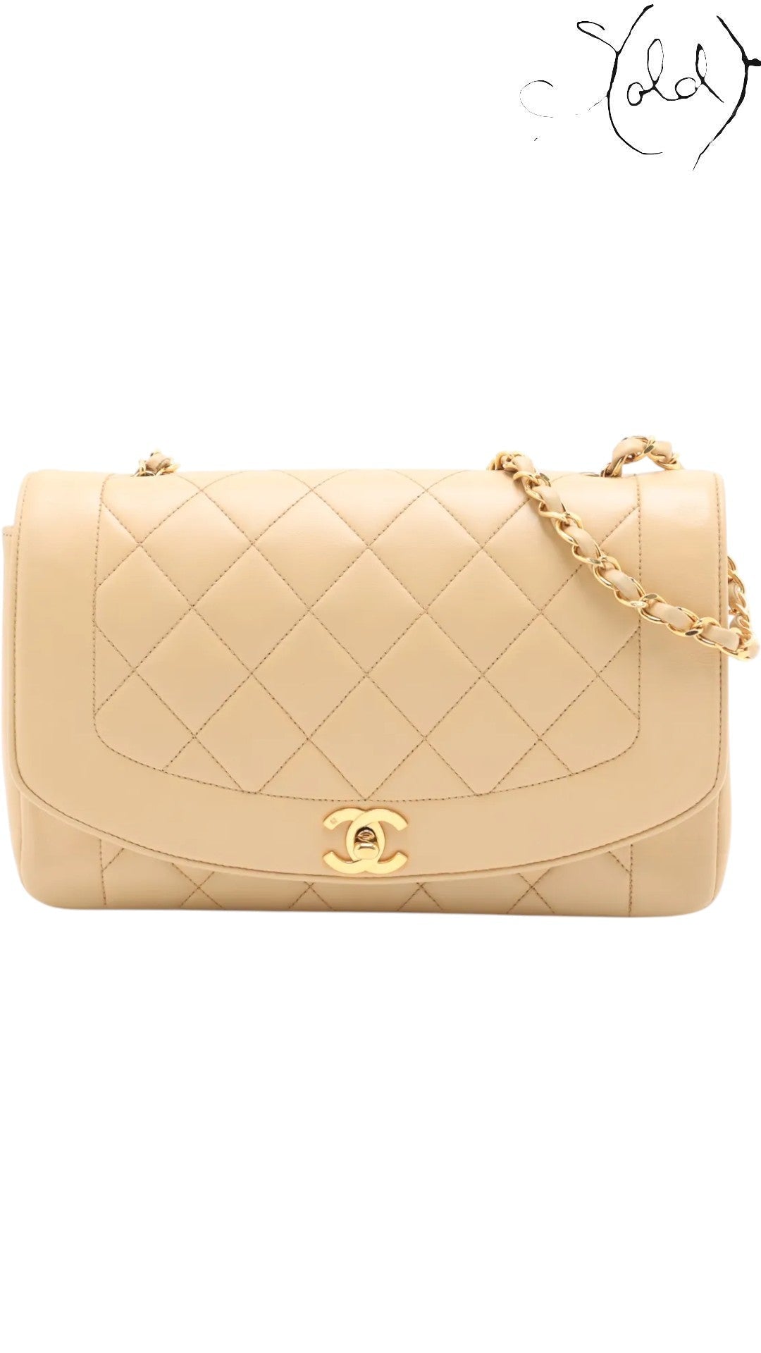 Sold Attire beige lambskin Chanel Diana Medium bag with 24k gold hardware and quilted front flap.