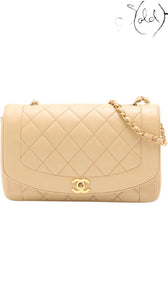 Sold Attire beige lambskin Chanel Diana Medium bag with 24k gold hardware and quilted front flap.