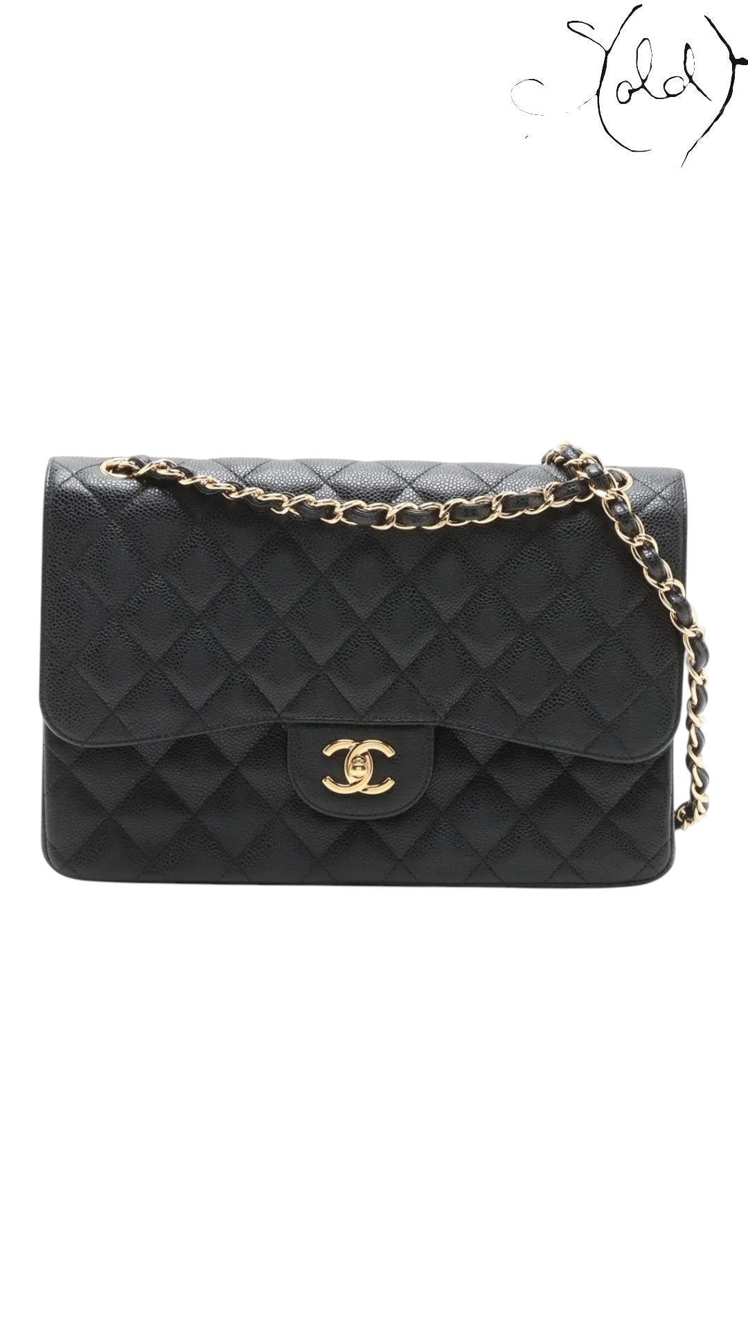 Sold Attire black caviar leather Chanel Jumbo Classic Double Flap bag with gold hardware and chain strap.