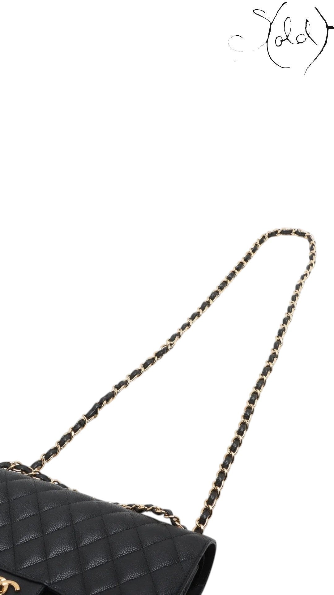 Sold Attire black caviar leather Chanel Jumbo Classic Double Flap bag with gold hardware and chain strap.