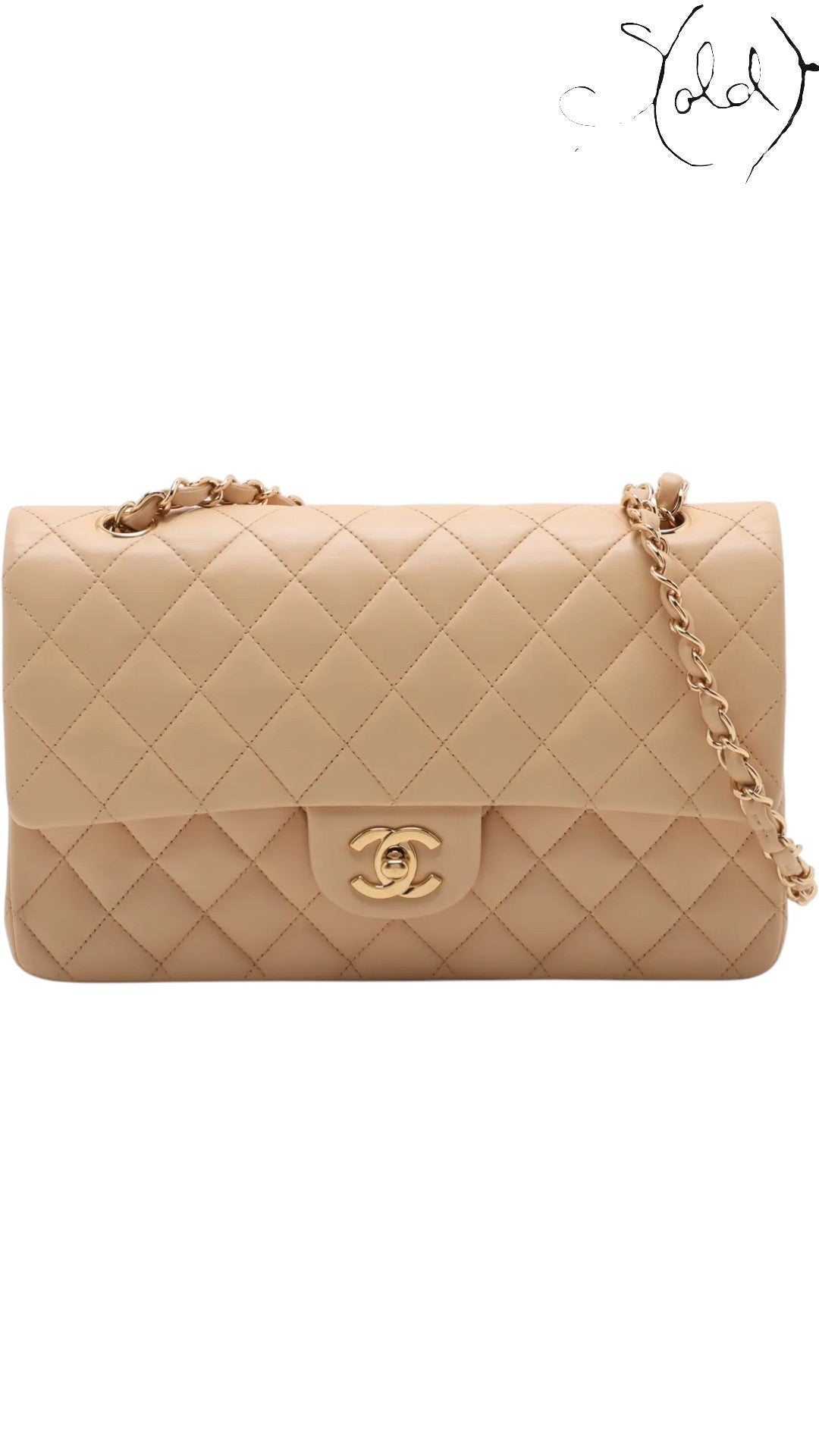 Sold Attire beige lambskin Chanel Medium Classic Double Flap bag with gold hardware and chain strap, featuring diamond quilting and a CC turnlock closure.