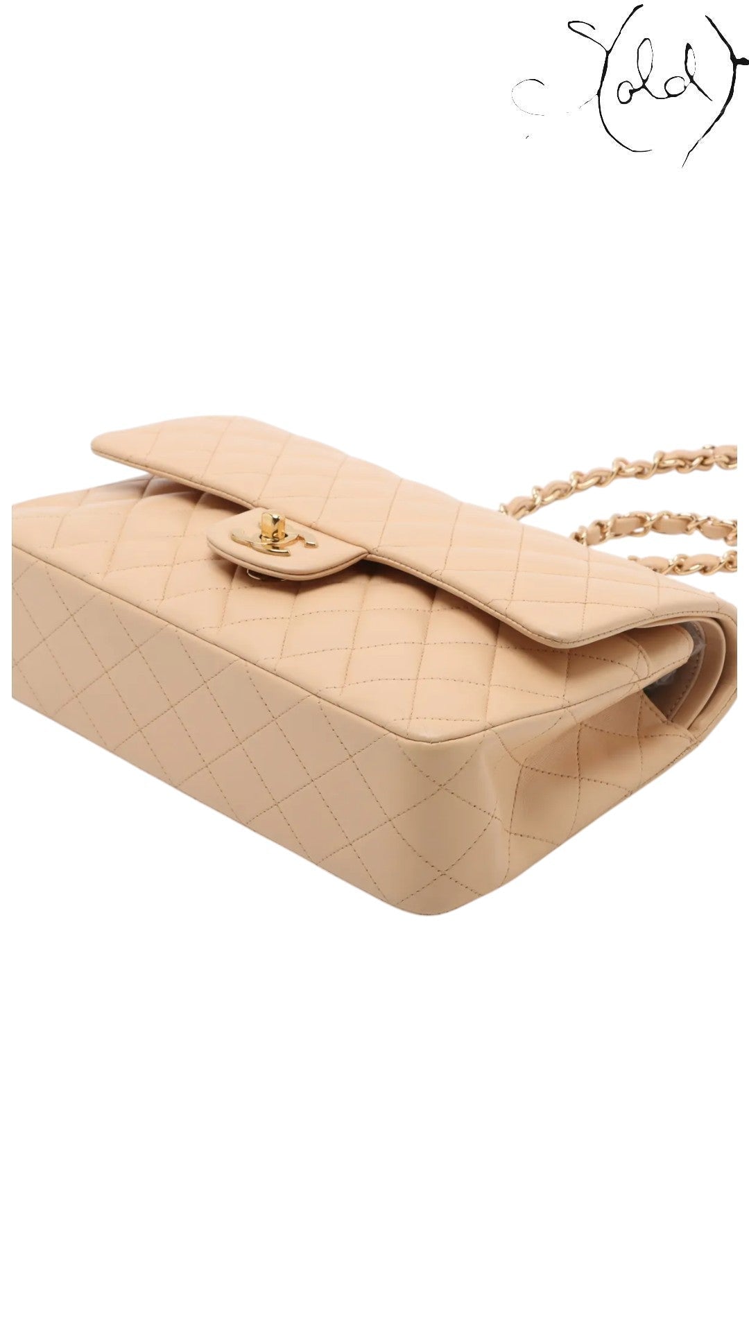 Sold Attire beige lambskin Chanel Medium Classic Double Flap bag with gold hardware and chain strap, featuring diamond quilting and a CC turnlock closure.