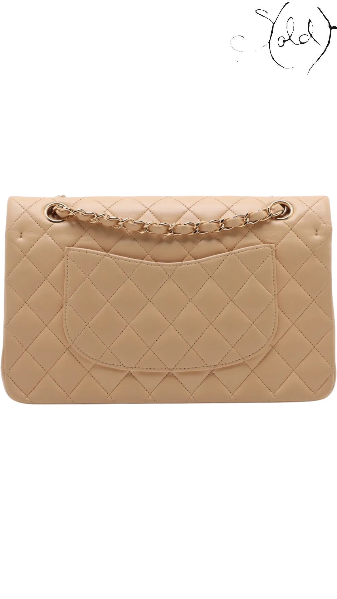 Sold Attire beige lambskin Chanel Medium Classic Double Flap bag with gold hardware and quilted diamond pattern.