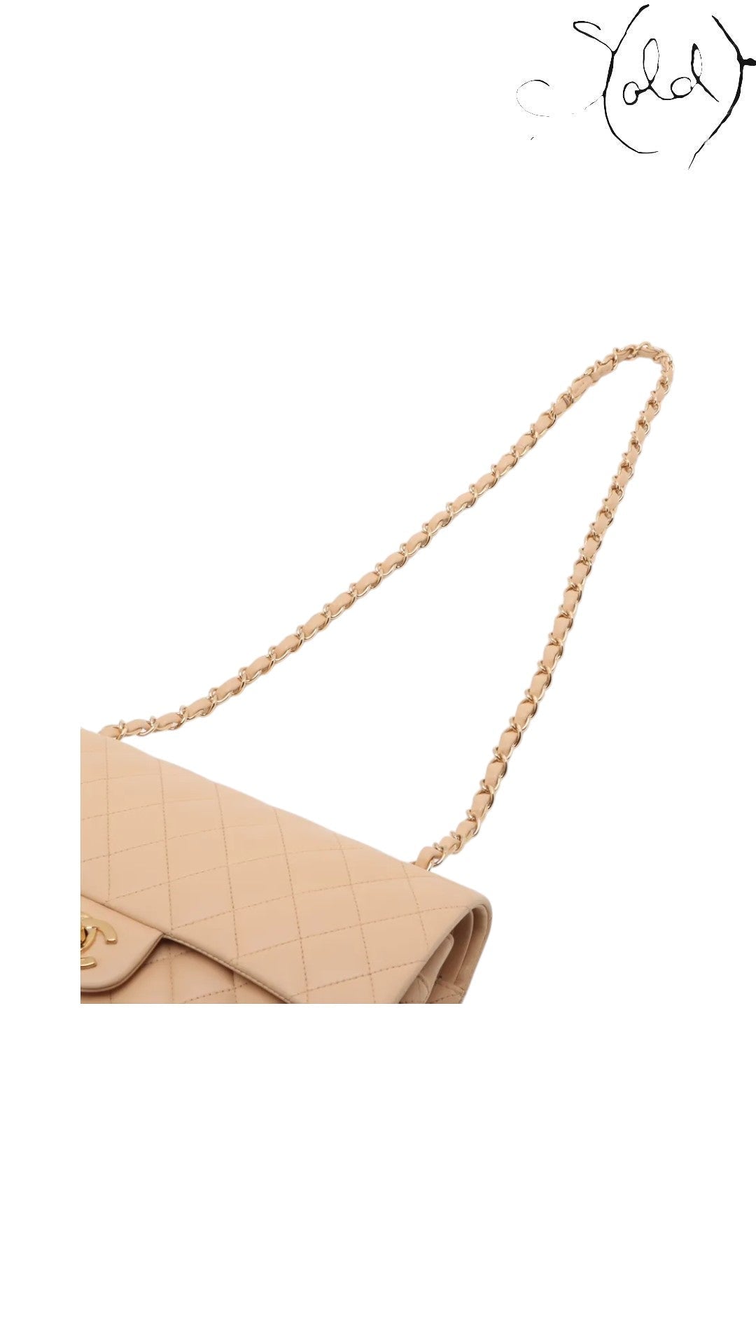 Sold Attire beige lambskin Chanel Medium Classic Double Flap bag with gold hardware and interwoven chain strap.