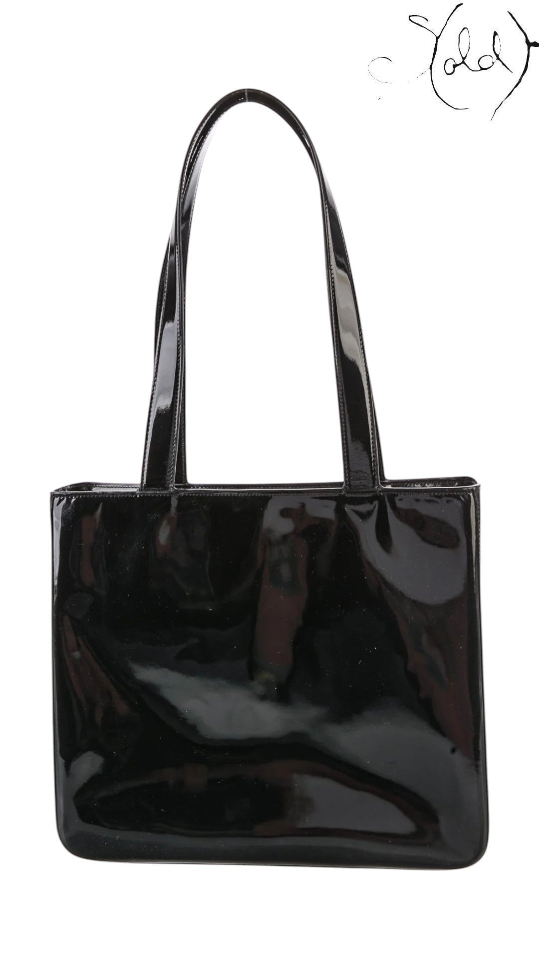 Sold Attire black patent leather tote with gold hardware and dual shoulder straps. Early 2000s Chanel design.