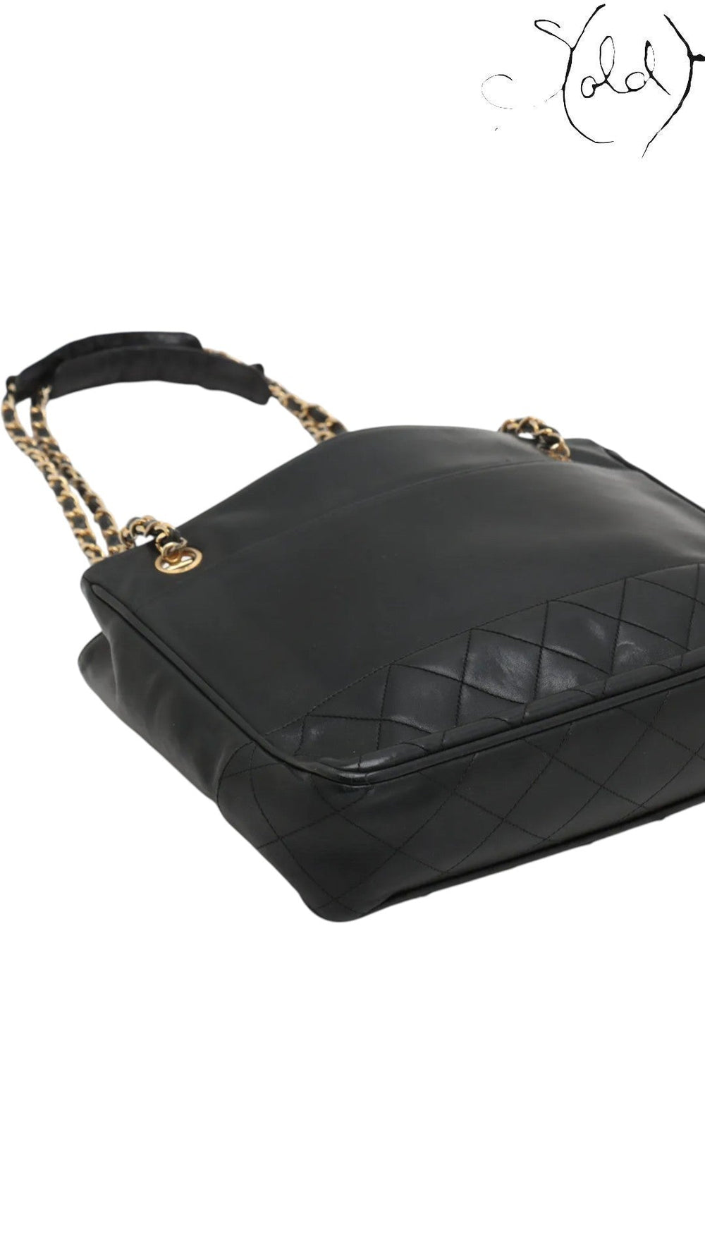 Chanel Vintage 1980s Matelassé Lambskin Chain Tote Black Gold, Detail view | Sold Attire