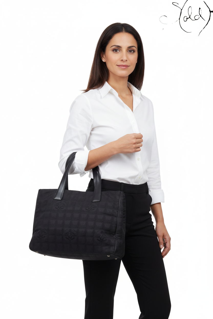 Chanel Travel Ligne Tote Bag Black Nylon Leather 2003 | Sold Attire Cairo, Strap detail | Sold Attire