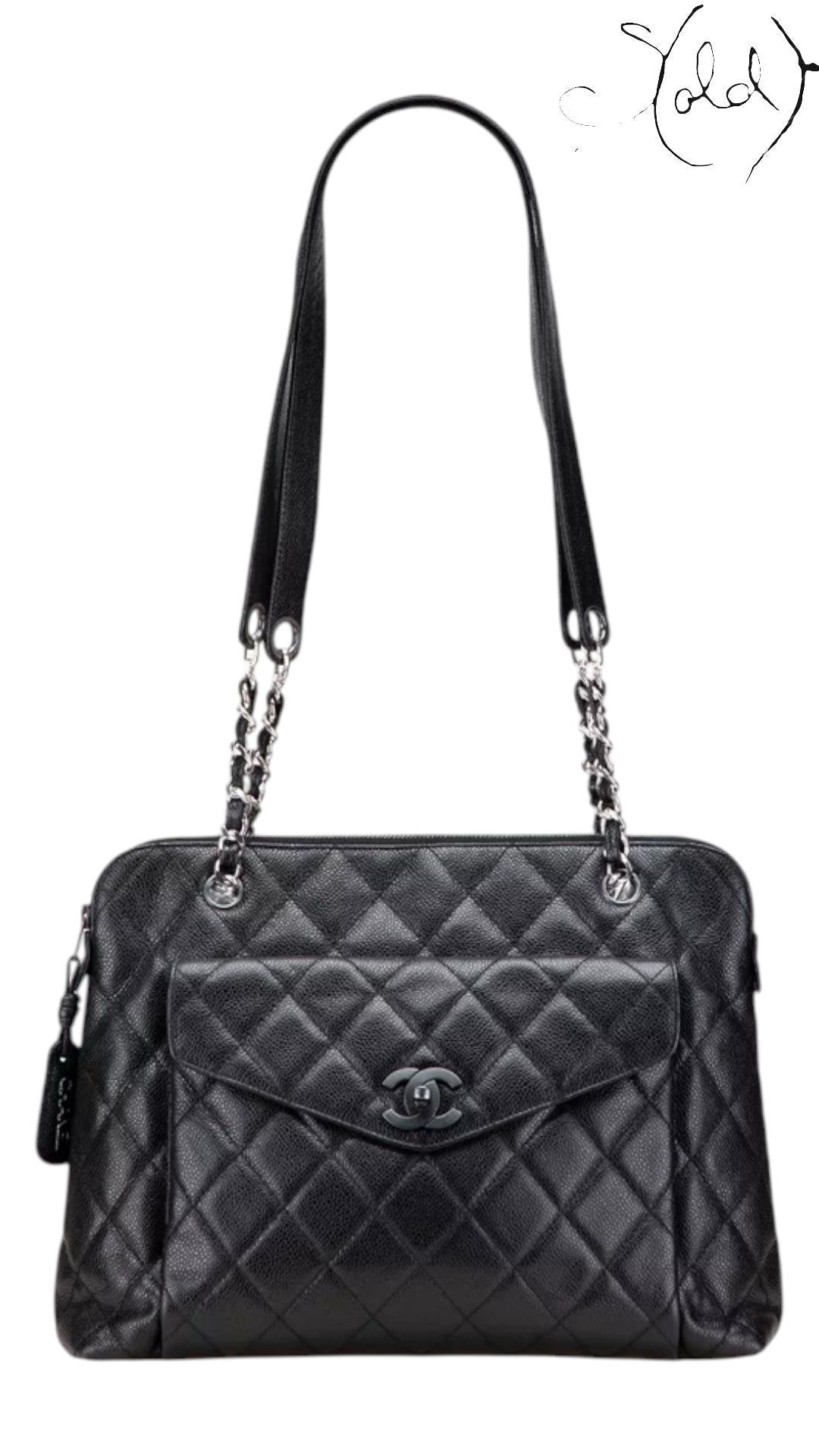 Sold Attire black quilted caviar leather Chanel CC tote with silver-tone hardware and chain straps.