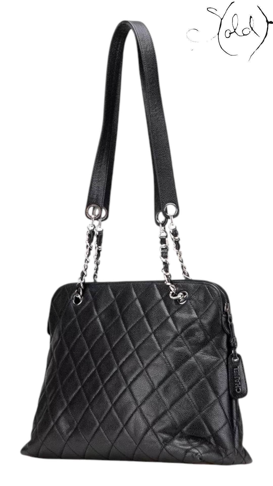 Sold Attire black quilted caviar leather Chanel CC tote with silver-tone hardware and chain straps.