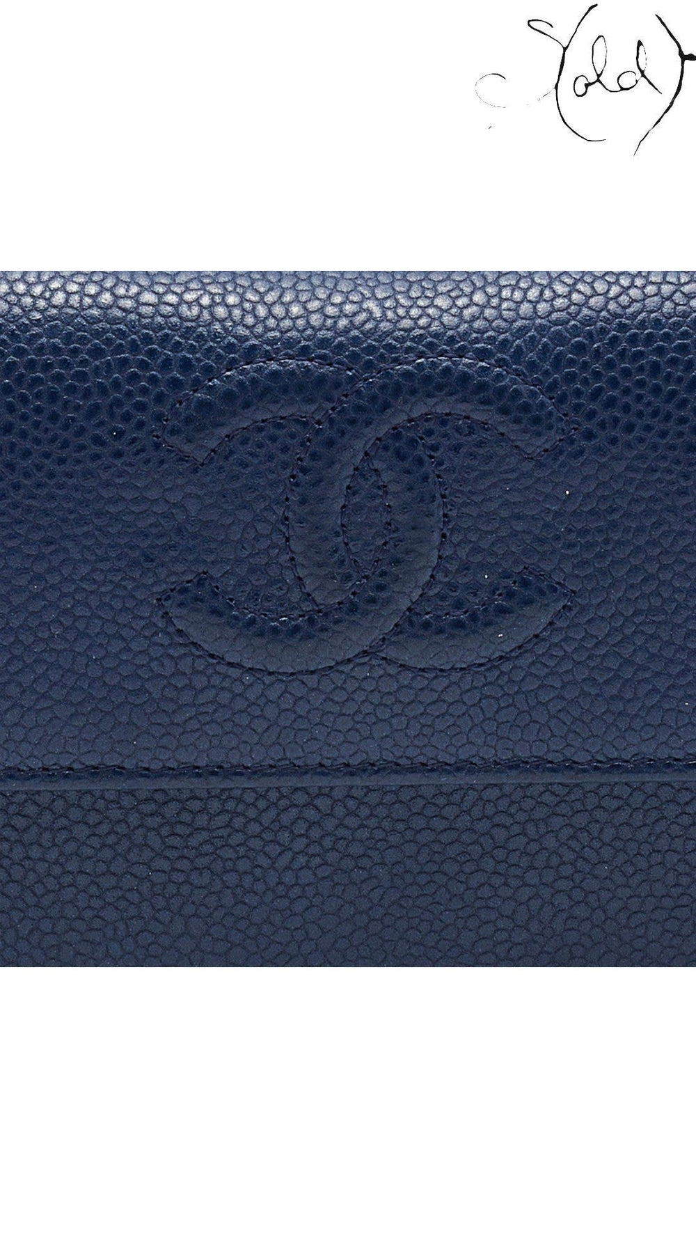 Chanel blue caviar leather and CC hardware detail