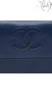Chanel blue caviar leather and CC hardware detail