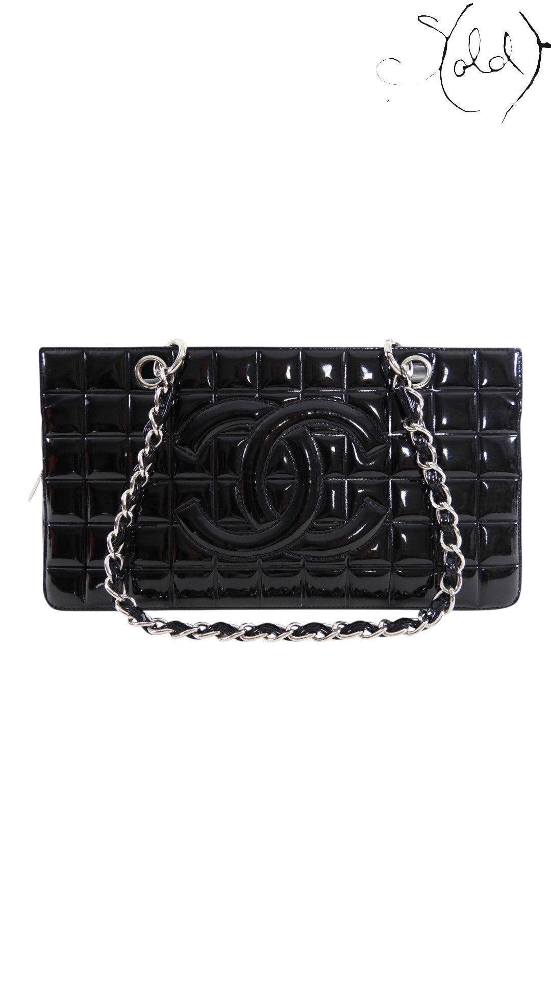 Chanel Choco Bar chain tote in black patent leather, front view