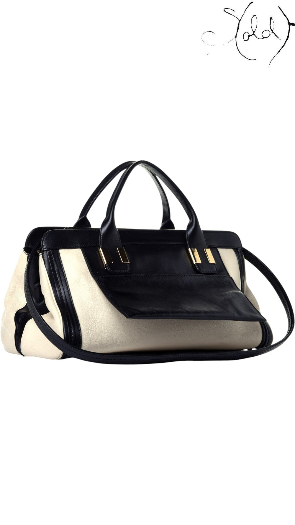 Sold Attire Chloe Alice large satchel in Husky White sheepskin and calfskin with black leather trim and brass hardware.