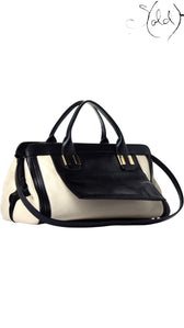 Sold Attire Chloe Alice large satchel in Husky White sheepskin and calfskin with black leather trim and brass hardware.