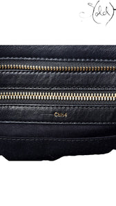 Sold Attire Chloe Alice satchel interior featuring black fabric lining, brass-tone zipper, and gold-stamped Chloe logo.