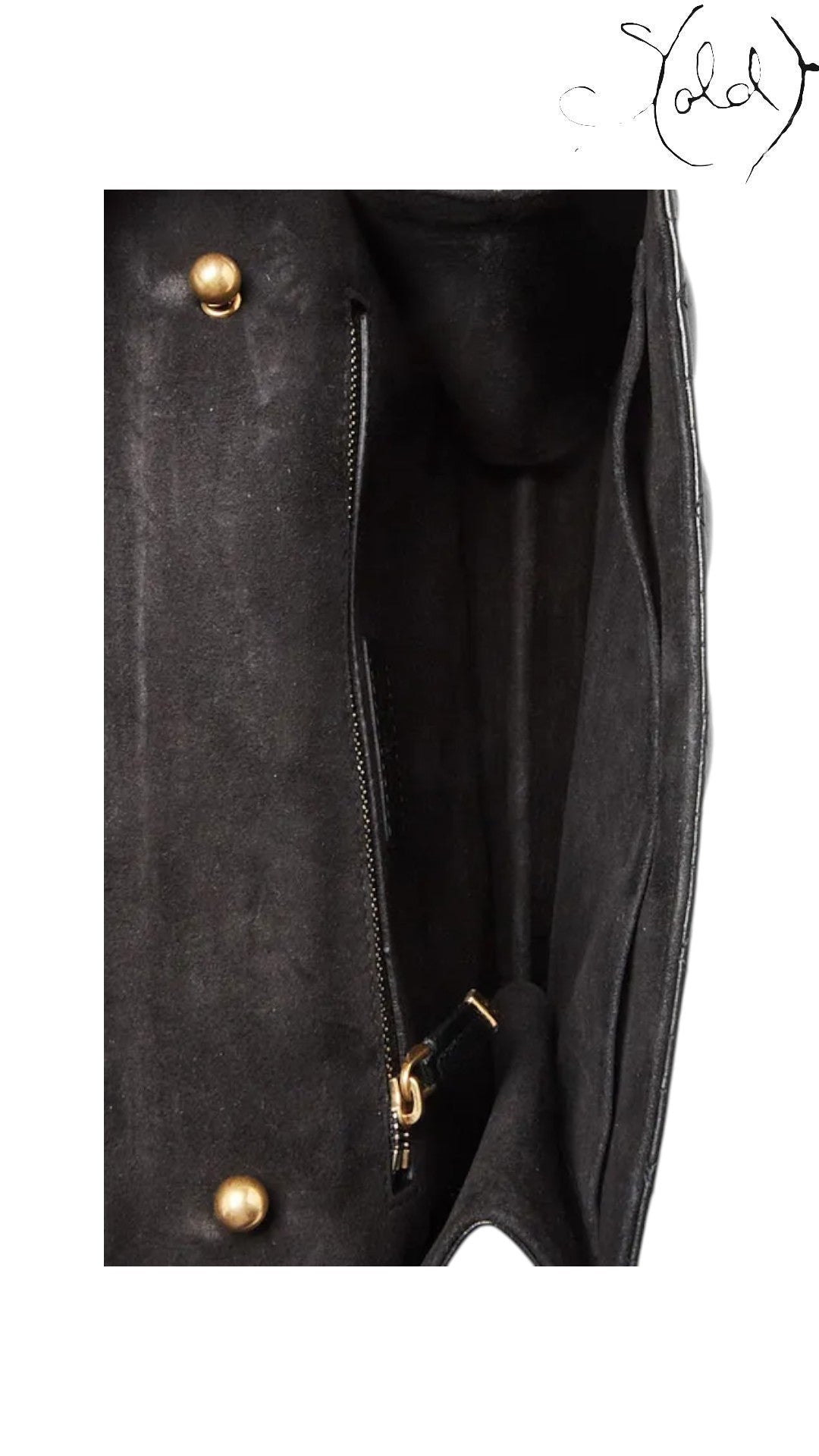 Sold Attire black lambskin Dioraddict flap bag with cannage quilting and gold hardware. Interior view showing suede lining and pockets.